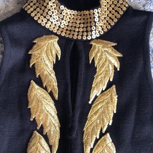 Vintage Casual Corner Embroidered Sequin Maxi Dress Black Gold S